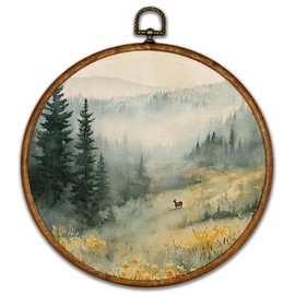 BCUANGD Vintage Forest Round Wall Art Decor - Retro Floral Botanical Wall Art Canvas Frame Artwork Prints, Rustic Neutral Wildflower Round Wall Hanging Decorations for Home Bedroom, 10"x10"