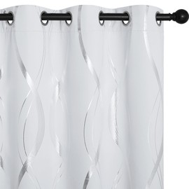 NICETOWN Greyish White Blackout Curtains for Bedroom, Microfiber Noise Reducing Thermal Insulated Wave Line Foil Print Design Blackout Curtains for Office, Classroom (2 Panels, 52 x 45 Inch)