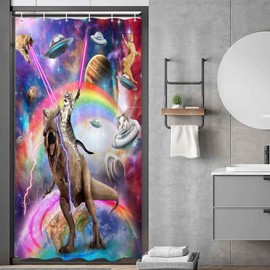 Funny Cat Shower Curtain Boys Kids Bathroom Decor, Cool Cat Riding Dinosaur on Fantasy Galaxy Hilarious Shower Curtains, Funky Outer Space Universe Anime Bath Curtain Fabric with 12PCS Hooks, 36X70IN
