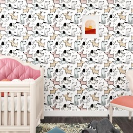 Mangoloo Cartoon Puppy Dog Print Dog Peel and Stick Wallpaper for Nursery Boy Room Doodle Black and White Contact Paper for Cabinets Tabletop Self Adhesive Removable Dog Stick on Wallpaper 17.5"x314"