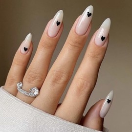 Black Heart Press on Nails Medium Almond Fake Nails with Design Valentines Glue on Nails White Stick on Nails Glossy Reusable Heart False Nails for Women Girls Daily Wear Manicure 24pcs