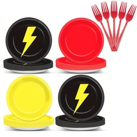 KSNOW 60 Pcs Red Black Yellow Cartoon Game Birthday Party Plates – 7 Inch Lightning Bolt Themed Disposable Paper Plates Fork for Birthday, Shower, Serve 20, Party Decorations