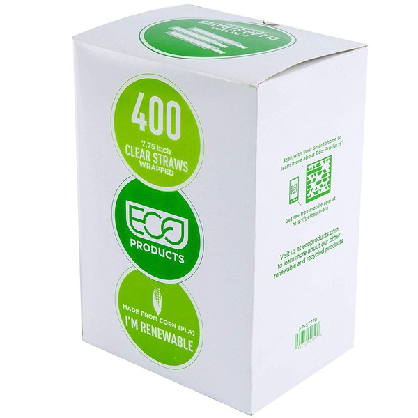 Biodegradable Straw Clear with GreenStrip 7 3/4" Unwrapped 400 Unit Pack, 100% Eco Friendly, Disposable Biodegradable
