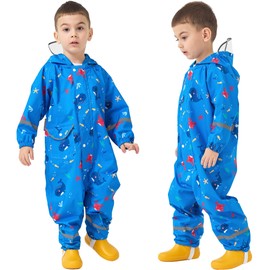 Fewlby Kids Rain Suit, Toddler Raincoats One Piece Hoodie Cartoon Rain Gear Boys Waterproof Rainwear Coveralls