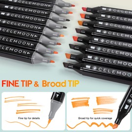 CeleMoon 36 Skin Tone Colors Dual Tip Alcohol Markers Pens, Fine and Broad Chisel, Sketch Art Marker, Permanent for Coloring, Drawing, Portrait Illustration, Mid-tone Skin Tone and Hair Shades