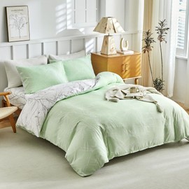 Tokokimo Double Duvet Cover Set 4PCS Bedding Set with Fitted Sheet, Botanical Branches Printed Green Double Duvet Set (1x Duvet Cover, 2x Pillowcases, 1x Fitted Sheet) Microfiber Double Duvet Cover