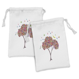 Lunarable Tree of Life Fabric Pouch Set of 2, Colorful Nature Butterflies Heart Happiness Love Theme Bloom Summer Season, Small Drawstring Bag for Toiletries Masks and Favors, 9" x 6", Multicolor