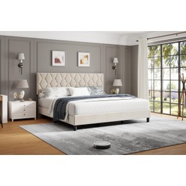 GAOMON Beige Full Bed Frame with Upholstered Headboard, Heavy-Duty Platform Bed Frame with Strong Wood Slats, No Box Spring Needed/Noise Free/Easy Assembly