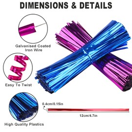 KIMOBER 4000Pcs Twist Ties,8 Color Plastic 4.7" Metallic Wire Ties for Cellophane Treat Bags,Bread Candy Bags,Party Gift Wrapping Bags