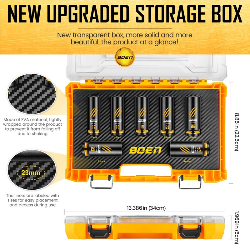 BOEN 7-Piece 1/2" Drive Impact Socket Set, Deep Metric Lug
