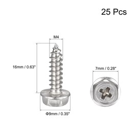 sourcing map Phillips Hex Washer Self Tapping Screws, M4 x 16mm 304 Stainless Steel Hex Flange Sheet Metal Screw 25pcs