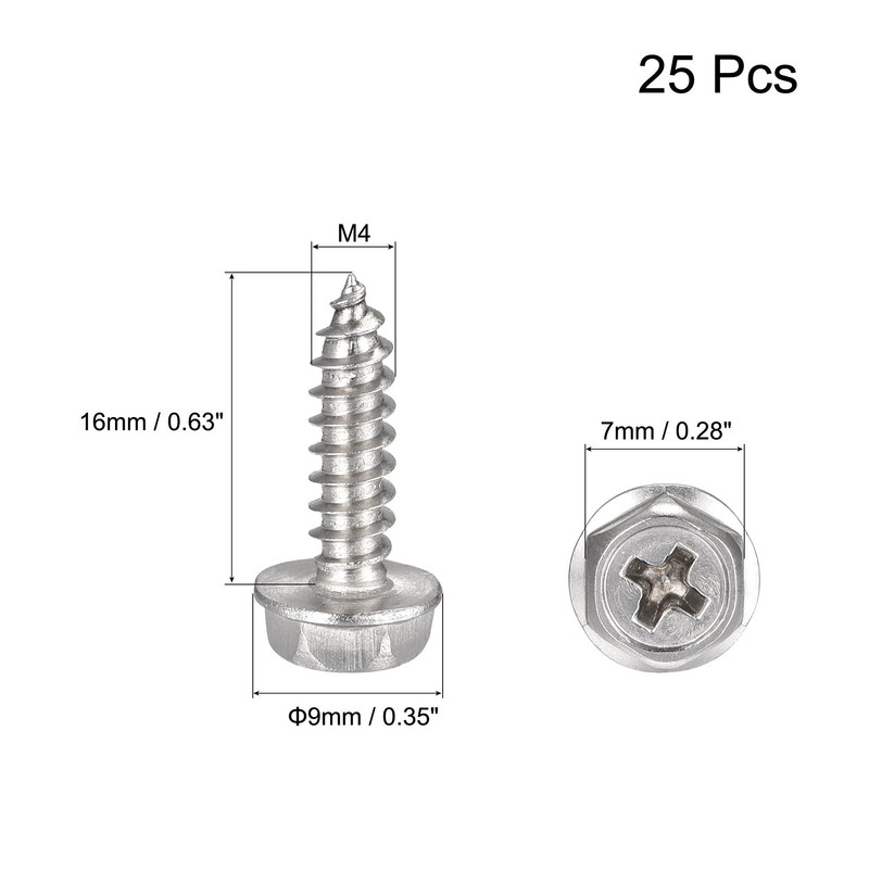 sourcing map Phillips Hex Washer Self Tapping Screws, M4 x