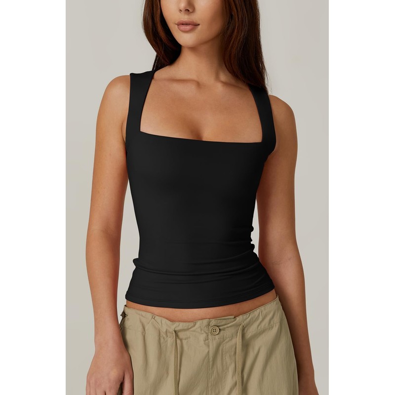 QINSEN Women's Square Neck Sleeveless Double-Layer Tank Tops Basic Tight