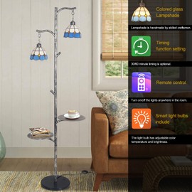 beaysyty Tiffany Style Stained Glass Retro Floor Lamp with Tray, Dimmable Floor Lamps, Custom Color Temperature Standing Lamp for Living Room and Bedroom, Painted Silver Gray
