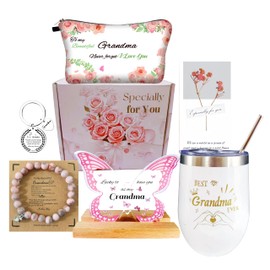 WOSHIDEFA Grandma Gifts - Grandma Birthday Gifts, Gift from Grandchildren, Mothers Day Gift, Birthday Presents for Grandmother with Tumbler, Makeup Bag, Butterfly Decor Christmas Pink