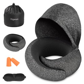Vzpeun Travel Pillow with Hood for Airplane Long Flights, Memory Foam Neck Pillow for Plane Office Cars Sleeping Road Trip, Portable Plane Accessories (Dark Gray)