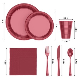 350 Pcs Plastic Dinnerware Set Includes 50 Of Each 9" Burgundy Plastic Dinner Plates | 7" Plastic Dessert Plates | 12 oz Plastic Cups | Burgundy Napkins | Plastic Spoons, Forks & Knives Exquisite