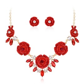BriLove Gorgeous Stunning Rhinestone Crystal Marquise Rose Flower Cluster Statement Necklace Stud Earrings Set for Wedding Party Prom Accessories Ruby Color Gold-Tone