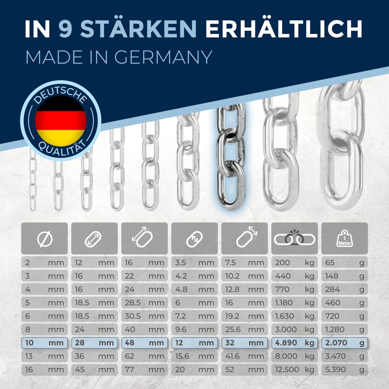 25-cm = 0,25-Meter 10-mm Thick Stainless Steel Chain V4A Short-Linked