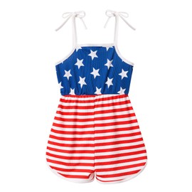 RONGTAI Toddler Girl 4th of July Outfit Tie-up Summer Clothes Sleeveless Jumpsuit Red White Blue Stars Stripes USA Romper 3-4T