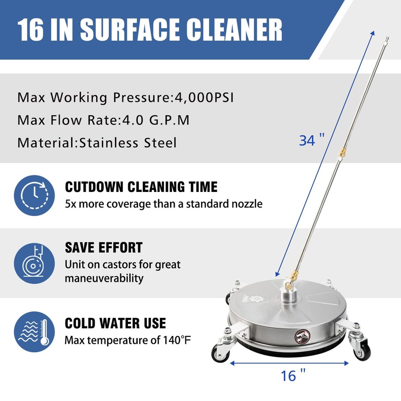 JANZ 16" Pressure Washer Surface Cleaner with 4 Wheels, Stainless
