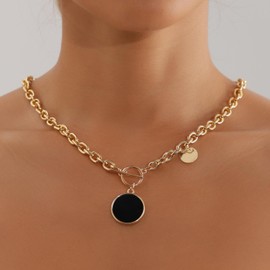 Cimenexe Bohemian Enamel Disc Choker Necklace Gold Paperclip Link Chain Necklace Black Enamel Coin Pendant Necklace Round Disc Toggle Clasp Necklace Jewelry for Women