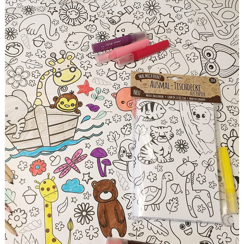 JEKA Paper Tablecloth for Colouring, Zoo Design, Paintable Table Cloth