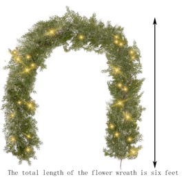 6ft Christmas Garland with 9.8ft Lights Artificial Light Garlands Realistic Cedar Garland Pine Cypress Vines for Winter Decorations Table Mantle Background Outdoor Indoor Decoration