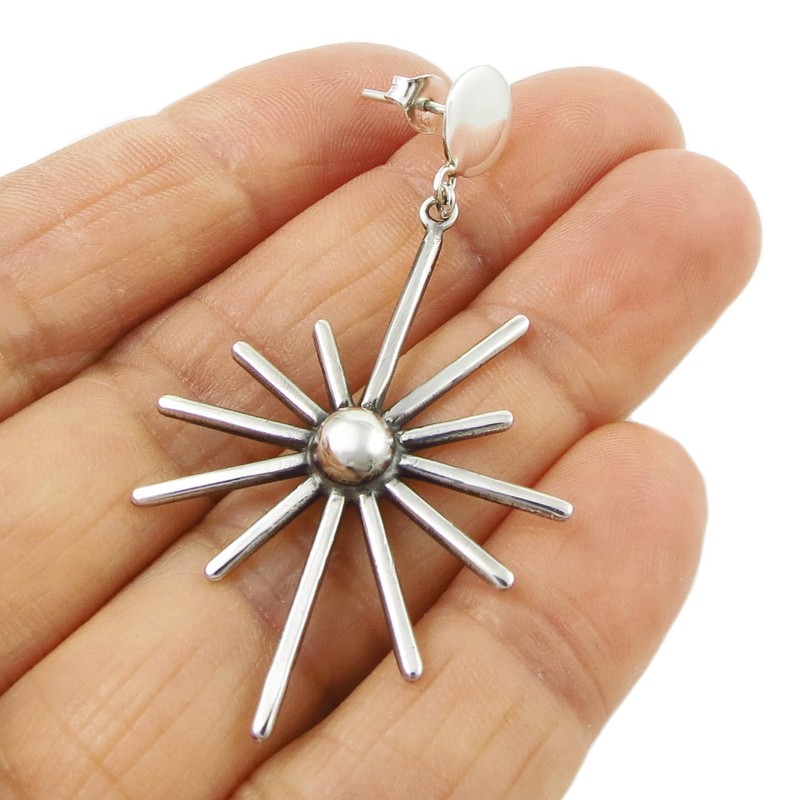 Large Solid 925 Sterling Silver Starburst Earrings Handmade Jewellery for