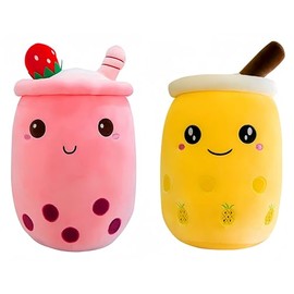 FSRONGXI 2 Pack Bubble Tea Plush Cute Plushies Stuffed Animal Plushie Pillow, Soft Kawaii Pearl Milk Tea Hug Pillow for Kids (Pink & Yellow)