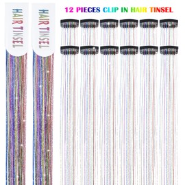 Nineibei Hair Tinsel Clip in Pack of 12 Pcs Glitter Tinsel Hair Extensions 24 Inch Clip in Hair Tinsel Sparkly Fairy Hair Accessories for Girls Women Festival Party (Colorful 12Pcs)