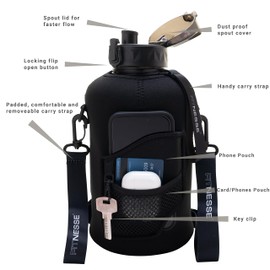 Fitnesse V2 2.2L Water Bottle with Straw, New Drop Proof Material, Phone, Keys Storage Sleeve, Leak Proof, Gym Large Water Bottle with Shoulder Strap, BPA Free - Black