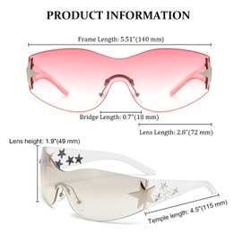 Pink Y2K Sunglasses for Women - 2Pcs Star Rimless Shield Wrap Around Aesthetic Fashion Glasses Set