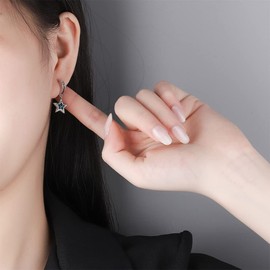 Colourful CZ Star Dangle Small Hoop Earring for Women Girl Teen Sterling Silver Plated Charms Rainbow Crystal Drop Mini Cartilage Clip Jewelry Delicate Dainty Fashion Birthday Gift Girlfriend Daughter