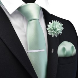 Branduce Mint Tie for Men Wedding Solid Satin Silk Blend Necktie Pocket Square Tie Clip and Lapel Pin Brooch Set (TA14-25)