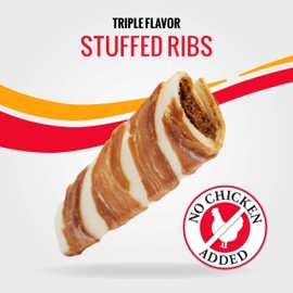 Good 'n' Fun Triple Flavor Stuffed Ribs for Medium Dogs, 4 Count, Treat Your Dog to No Chicken Added Rawhide Chews Made with Beef Hide, Duck and Real Prime Rib Flavor