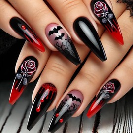 SINHOT Coffin Press on Nails - Medium Fake Nails, Glossy Finish, Gothic Rose Bat & Red Black, DIY Artificial False Nail Art - 24 Pcs Nail Kit with Glue