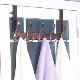 SKOLOO Over The Door Hook - for Doors up to 1-3/4'' Thickness, Metal Door Hanger with 5 Triple Hooks, Copper Red Over The Door Hanger for Coats, Hats, Towels, Assembly Required