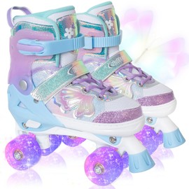 Kids Roller Skates for Girls Boys - Purple for Big Kids Age 7 8 9 10 - Adjustable All Light up Wheels Butterfly and Flower Indoor Outdoor Sports Birthday Gift for Son and Grandson