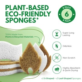 AIRNEX Natural Kitchen Sponges (6 Pack) - Biodegradable Cellulose & Coconut Scrubber Dish Sponge for Kitchen - Eco-Friendly, Non Scratch, Compostable, Non Toxic Leaf Shaped Natural Sponges for Dishes