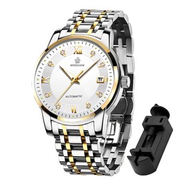 TeamSky 腕時計 機械式 メンズ 自動巻き時計 機械式 鋼製 防水 手卷き式腕時計 ステンレス ウォッチ 夜光 大きな文字盤 日付け 父の日 プレゼント (ホワイト文字盤・シルバーバンドA)