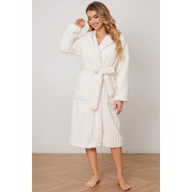 HEARTNICE Fuzzy Soft Robes for Women, Long Plush Hooded Robe Fluffy Warm Bathrobes(Off-White,S/M)