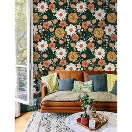 HAOKHOME Vintage Wallpaper Peel and Stick Floral Boho Moody Wall Paper Removable for Bathroom Contact Paper Green/Terracotta 17.7in x 6.6ft