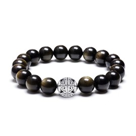 Handcrafted Gemstone Healing Energy Bracelets 925 Sterling Silver Double Happiness Pendant Natural Wellness for Women 8mm Beads (Obsidian)