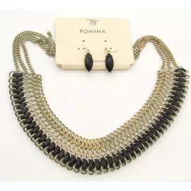POMINA NIP Pomina 16" Gold Tone Woven Chain/Black Cord Bib Collar/Necklac