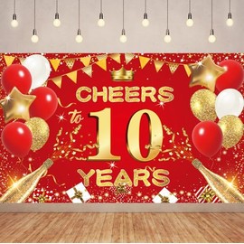 6X3.6FT Red Gold Cheers 10TH Years Backdrop Banner Happy 10th Birthday Background Decorations for Women Men Her Him Anniversary Photography Party Supplies. (R-Cheers 10)