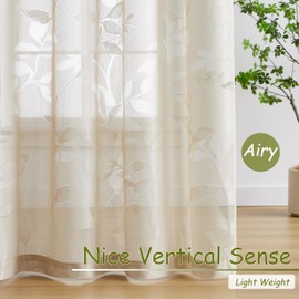 Jubilantex Leaf Lace Sheer Curtains for Bedroom 84 Inches Long Beige Botanical Leaf Knitted Lace Curtain Panels Rod Pocket Light Filtering Drapes,52" W