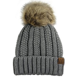 C.C Thick Cable Knit Faux Fuzzy Fur Pom Fleece Lined Skull Cap Cuff Beanie, Light Melange Gray