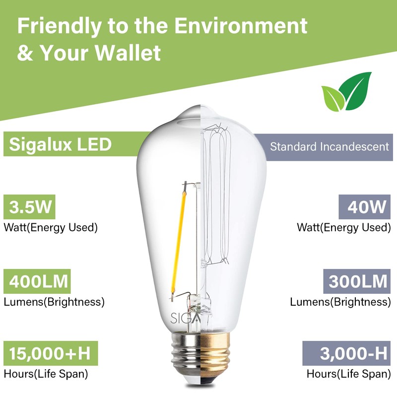 Sigalux Edison Bulbs, E26 LED Bulb ST58 Filament Clear Non-Dimmable