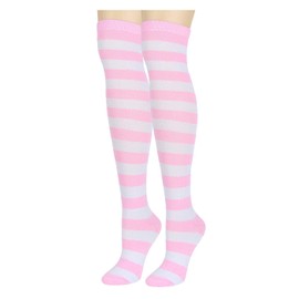 Benefeet Sox Striped Thigh High Socks for Women Pink and White Over Knee High Socks Cotton Long Stocking for Daily Cosplay Costume Leg Warmers